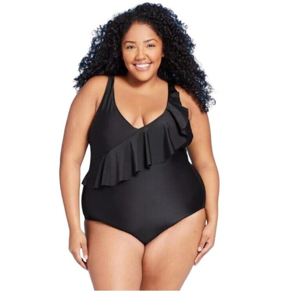 Kona Sol Ruffle One Piece Swimsuit Plus Size 16W Womens Black Molded Cups